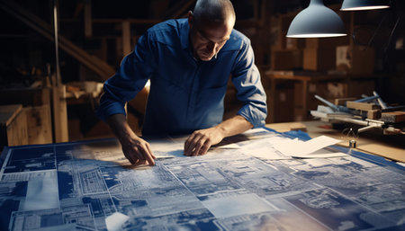 A man in a blue shirt working on a blueprintの素材