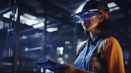 A woman wearing safety goggles and a hard hatの素材