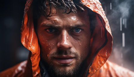 A mysterious man in a raincoat staring directly into the cameraの素材