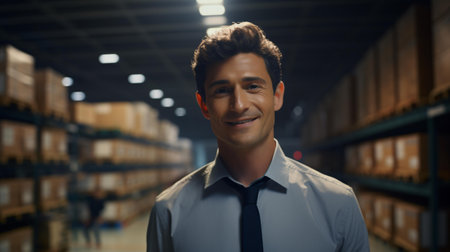 A man in a tie standing inside a warehouseの素材