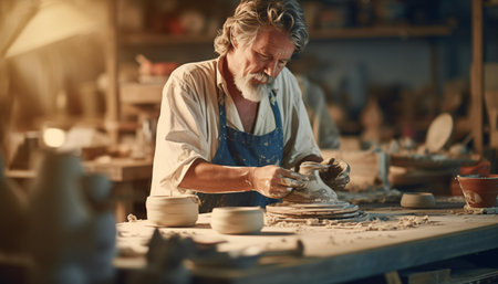 A potter creating pottery in a traditional pottery workshopの素材