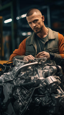 A mechanic working on a car engine in a garageの素材