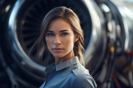 A woman standing in front of a powerful jet engineの素材
