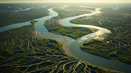 A serene river flowing through a vibrant green forestの素材