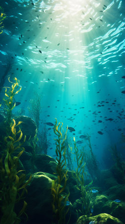 A school of fish swimming in a vast oceanの素材