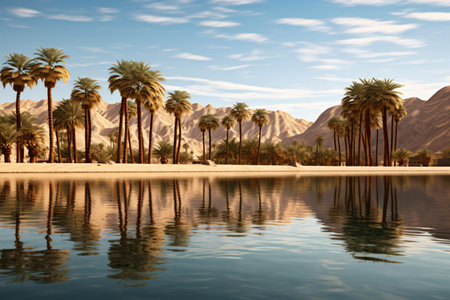Palm trees reflected in a serene lakeの素材