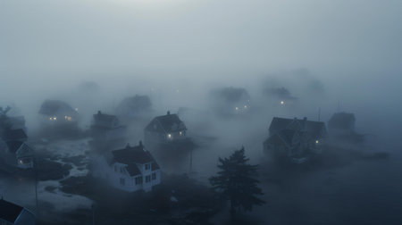 A foggy night landscape with houses and trees in the foregroundの素材