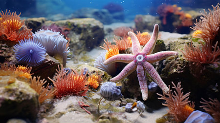 A starfish in an aquarium surrounded by colorful sea lifeの素材