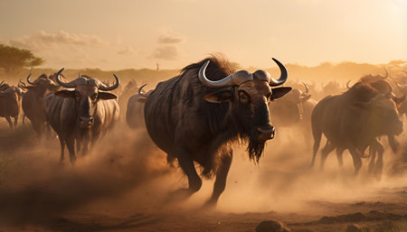 A group of galloping cows on a dusty farm fieldの素材