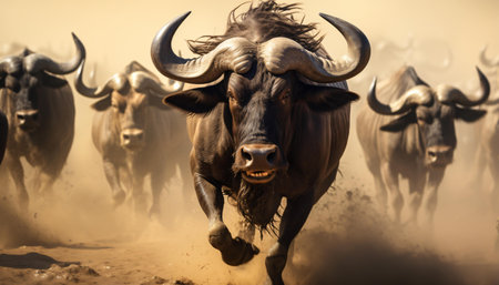 A wild animal stampede in a dusty fieldの素材