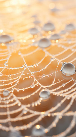 Water droplets glistening on a delicate spider webの素材