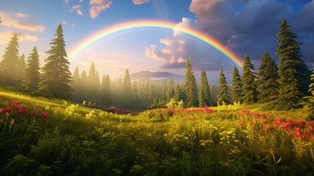 A vibrant rainbow arching over a lush forest landscapeの素材
