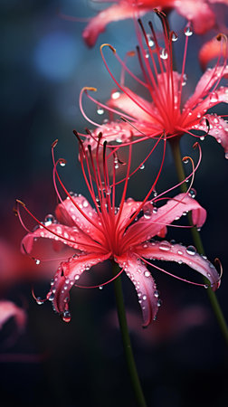 Two vibrant pink flowers with glistening water dropletsの素材