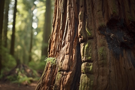A detailed close-up of the textured bark on a tree trunk in a lush forestの素材