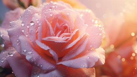 A vibrant pink rose covered in sparkling water dropletsの素材