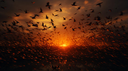 Birds flying over a beautiful sunsetの素材