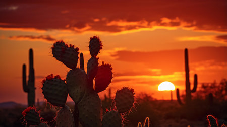 A colorful sunset behind a majestic desert cactusの素材