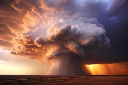 A dramatic lightning bolt illuminating a dark storm cloudの素材