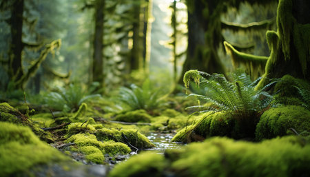 A serene stream flowing through a vibrant green forestの素材