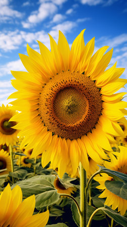 A vibrant sunflower standing tall in a sea of sunflowersの素材