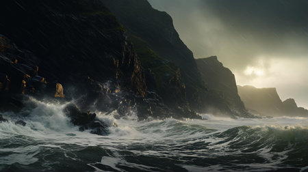 A serene coastal landscape with a rocky shoreline and calm watersの素材