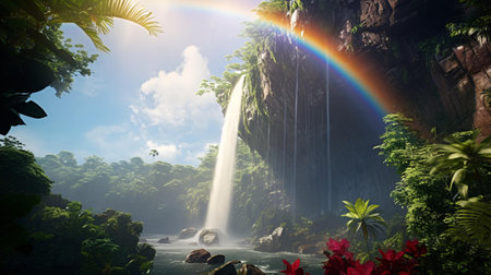 A majestic waterfall with a vibrant rainbow flowing through itの素材