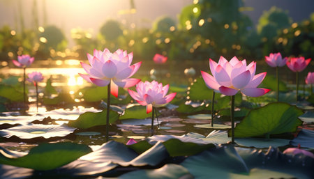 Pink flowers floating on a serene lakeの素材