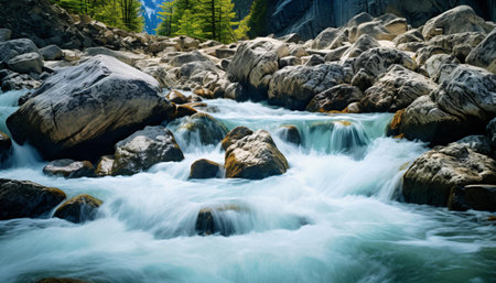 A peaceful forest stream flowing over rocksの素材