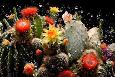 A group of cactus plants covered in dewdropsの素材