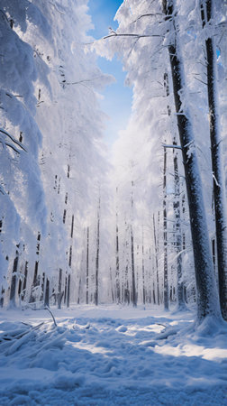 A serene winter wonderland filled with snow-covered treesの素材