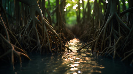A serene lake surrounded by a lush forestの素材