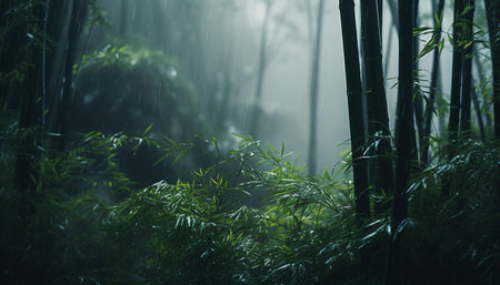 A serene bamboo forest with towering treesの素材