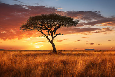 A solitary tree in a vast fieldの素材
