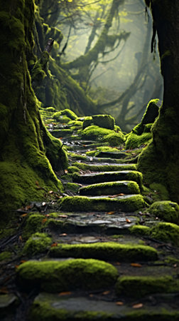 A serene mossy path winding through a lush forestの素材