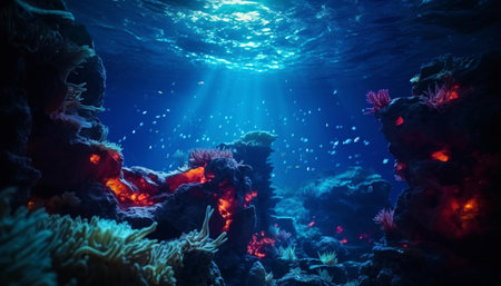 A vibrant coral reef with rays of sunlight illuminating the underwater worldの素材
