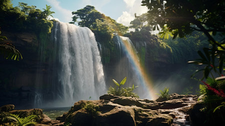 A beautiful waterfall with a vibrant rainbow in the midst of its cascading watersの素材