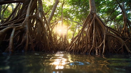 Sunlight streaming through trees reflecting on waterの素材