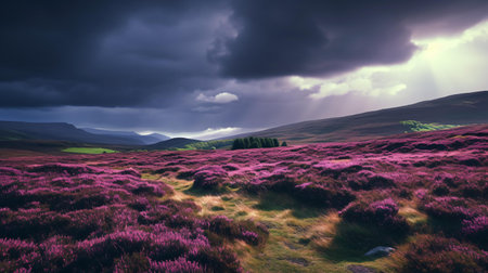 A beautiful field of purple flowers under a dramatic cloudy skyの素材