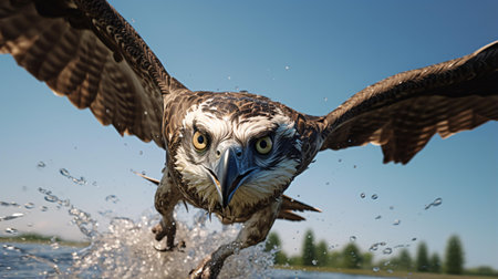 A majestic bird soaring over a serene body of waterの素材