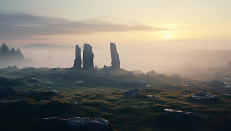 A misty field with prominent rocks in the foregroundの素材