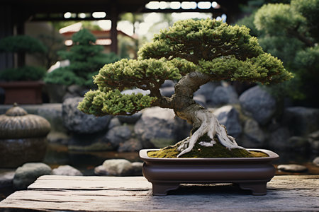 A beautiful bonsai tree on a rustic wooden tableの素材