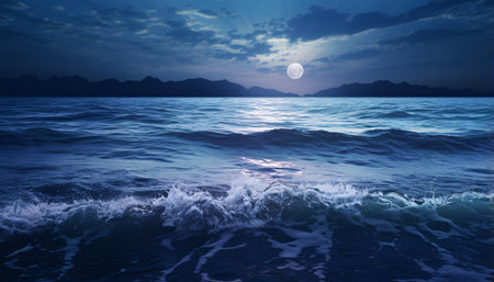 A serene moonlit night reflecting on a tranquil body of waterの素材