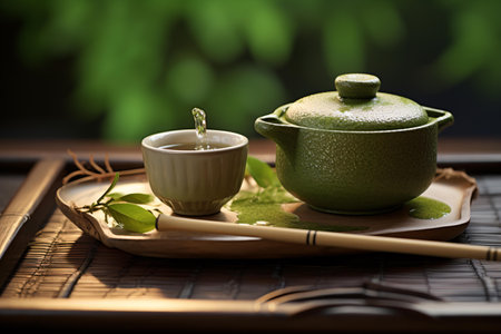 A green tea pot on a wooden trayの素材