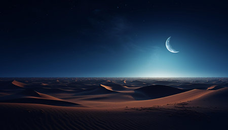 A crescent moon shining over a vast desert landscapeの素材