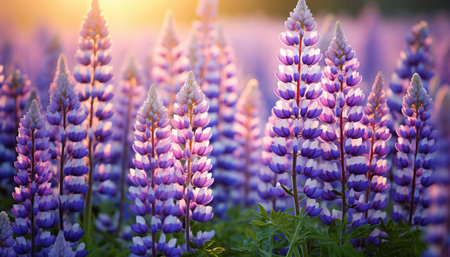 A vibrant field of purple and white flowers with the sun shining in the backgroundの素材