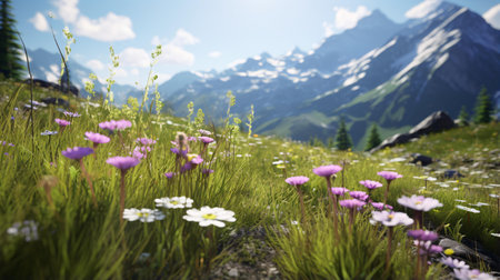 A colorful field of wildflowers with majestic mountains in the backgroundの素材
