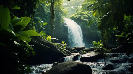 A serene and lush jungle waterfall surrounded by vibrant greeneryの素材