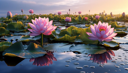 Pink water lilies reflecting the sunset in a serene pondの素材