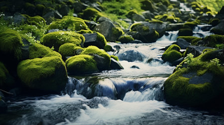 A serene stream flowing through a vibrant green forestの素材