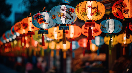 A vibrant display of paper lanterns hanging in a rowの素材